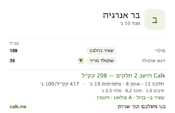 נתוני Calk לבר אנרגיה, בגרסה עם פחות קלוריות: 417 קק״ל ל-100 גרם, חלבון/שומן/פחמימות 29/35/37