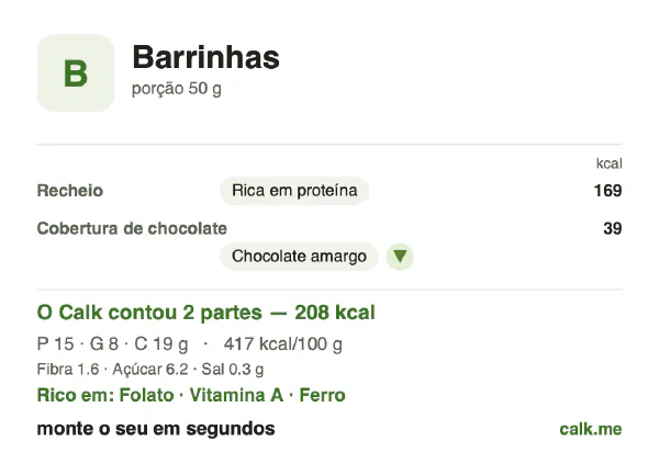 Cartão do Calk para a versão menos calórica de Barrinhas: 417 kcal por 100 g, proteína/gordura/carboidratos 29/35/37