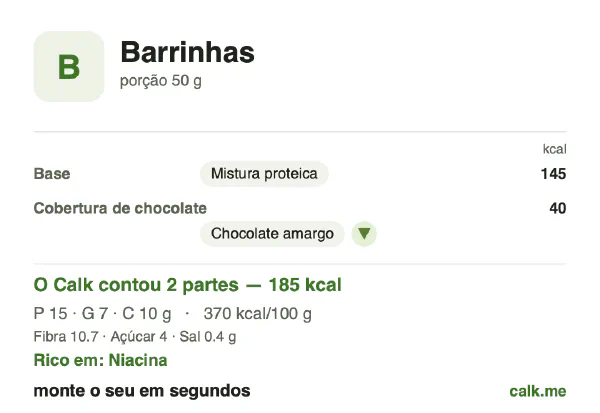 Cartão do Calk para a versão menos calórica de Barrinhas: 370 kcal por 100 g, proteína/gordura/carboidratos 36/40/24