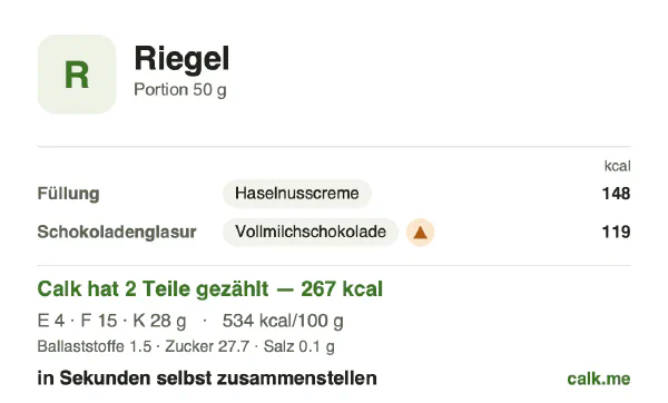 Calk-Karte für die kalorienreichere Variante von Riegel: 534 kcal pro 100 g, Eiweiß/Fett/Kohlenhydrate 5/52/42