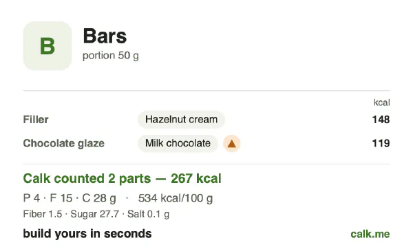 Higher calorie Calk card for Bars: 534 kcal per 100 g, protein/fat/carbs 5/52/42