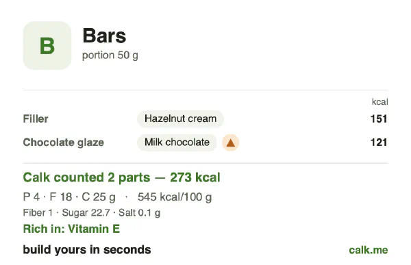 Higher calorie Calk card for Bars: 545 kcal per 100 g, protein/fat/carbs 6/58/36
