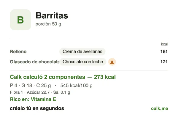 Tarjeta de Calk, versión más calórica de Barritas: 545 kcal por 100 g, proteínas/grasas/carbohidratos 6/58/36