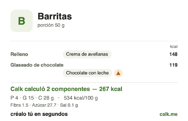 Tarjeta de Calk, versión más calórica de Barritas: 534 kcal por 100 g, proteínas/grasas/carbohidratos 5/52/42