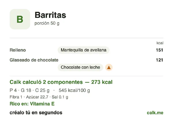 Tarjeta de Calk, versión más calórica de Barritas: 545 kcal por 100 g, proteínas/grasas/carbohidratos 6/58/36