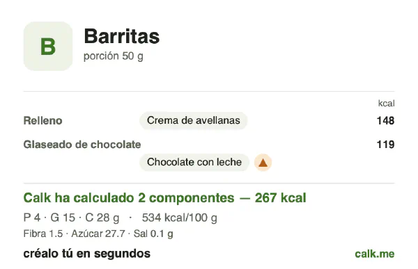 Ficha de Calk, versión más calórica de Barritas: 534 kcal por 100 g, proteínas/grasas/hidratos 5/52/42