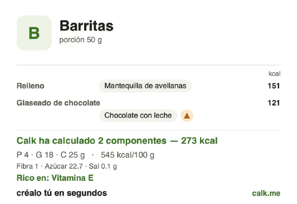 Ficha de Calk, versión más calórica de Barritas: 545 kcal por 100 g, proteínas/grasas/hidratos 6/58/36