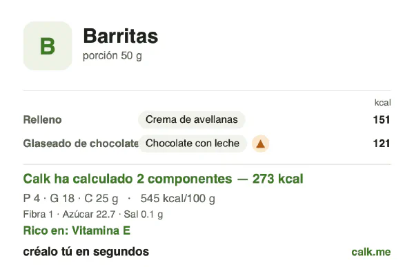 Ficha de Calk, versión más calórica de Barritas: 545 kcal por 100 g, proteínas/grasas/hidratos 6/58/36