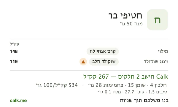חטיפי בר ב־Calk, עם יותר קלוריות: 534 קק״ל ל־100 גרם, חלבון/שומן/פחמימות 5/52/42