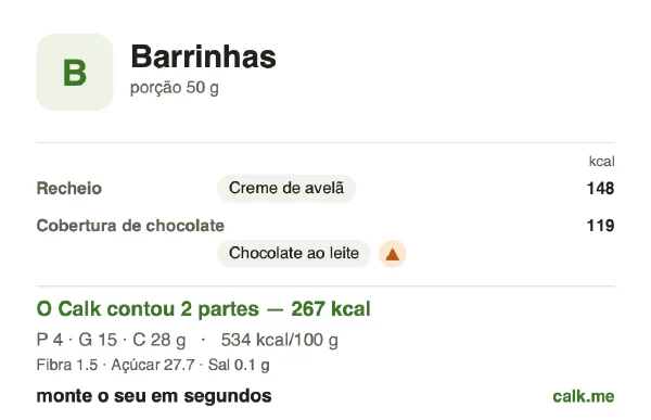 Cartão do Calk para a versão mais calórica de Barrinhas: 534 kcal por 100 g, proteína/gordura/carboidratos 5/52/42