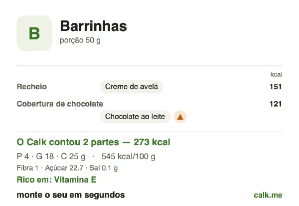 Cartão do Calk para a versão mais calórica de Barrinhas: 545 kcal por 100 g, proteína/gordura/carboidratos 6/58/36