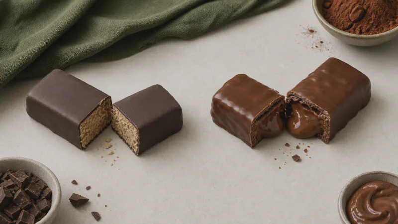 Chocolate bar: lower- and higher-calorie Calk versions side by side