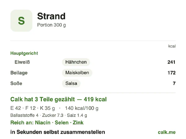 Calk-Karte für die kalorienärmere Variante von Strandessen: 140 kcal pro 100 g, Eiweiß/Fett/Kohlenhydrate 40/26/34