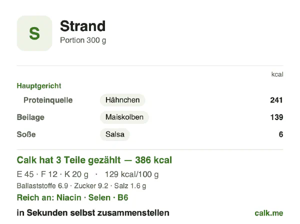 Calk-Karte für die kalorienärmere Variante von Strandessen: 129 kcal pro 100 g, Eiweiß/Fett/Kohlenhydrate 48/30/22