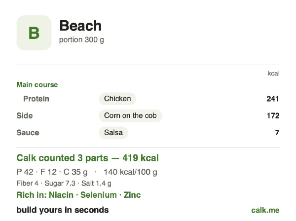 Lower calorie Calk card for Beach food: 140 kcal per 100 g, protein/fat/carbs 40/26/34
