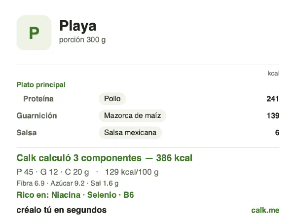 Tarjeta de Calk, versión menos calórica de Comida de playa: 129 kcal por 100 g, proteínas/grasas/carbohidratos 48/30/22