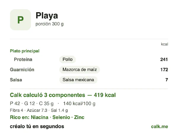 Tarjeta de Calk, versión menos calórica de Comida de playa: 140 kcal por 100 g, proteínas/grasas/carbohidratos 40/26/34
