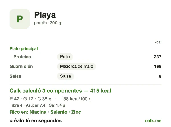 Tarjeta de Calk, versión menos calórica de Comida de playa: 138 kcal por 100 g, proteínas/grasas/carbohidratos 40/26/34