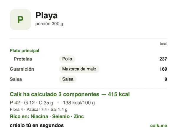 Ficha de Calk, versión menos calórica de Comida de playa: 138 kcal por 100 g, proteínas/grasas/hidratos 40/26/34