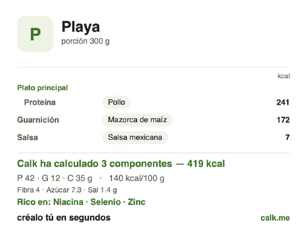 Ficha de Calk, versión menos calórica de Comida de playa: 140 kcal por 100 g, proteínas/grasas/hidratos 40/26/34