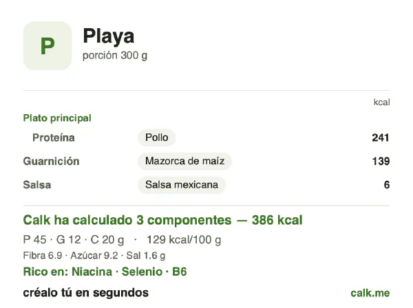 Ficha de Calk, versión menos calórica de Comida de playa: 129 kcal por 100 g, proteínas/grasas/hidratos 48/30/22