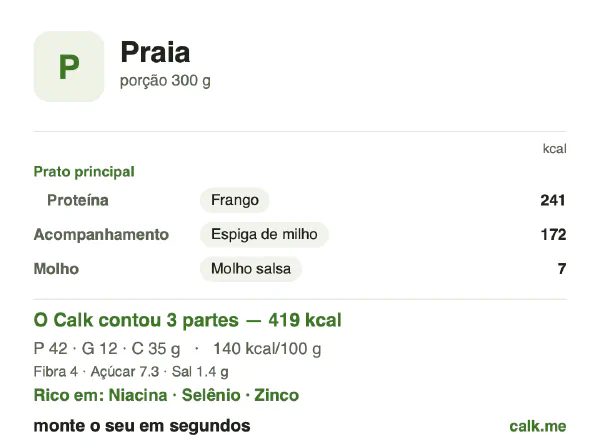 Cartão do Calk para a versão menos calórica de Comida de praia: 140 kcal por 100 g, proteína/gordura/carboidratos 40/26/34