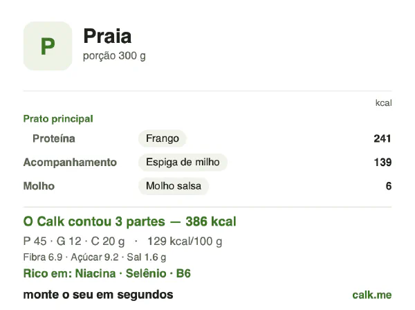 Cartão do Calk para a versão menos calórica de Comida de praia: 129 kcal por 100 g, proteína/gordura/carboidratos 48/30/22