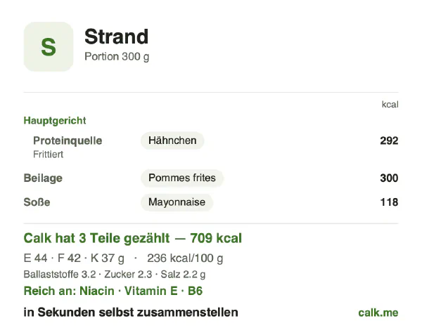 Calk-Karte für die kalorienreichere Variante von Strandessen: 236 kcal pro 100 g, Eiweiß/Fett/Kohlenhydrate 25/54/21