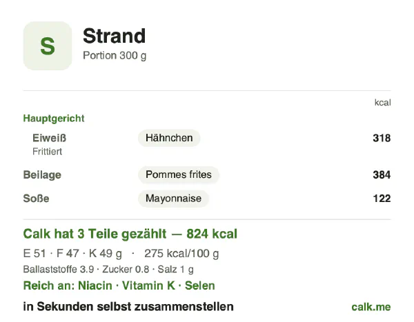Calk-Karte für die kalorienreichere Variante von Strandessen: 275 kcal pro 100 g, Eiweiß/Fett/Kohlenhydrate 25/52/24