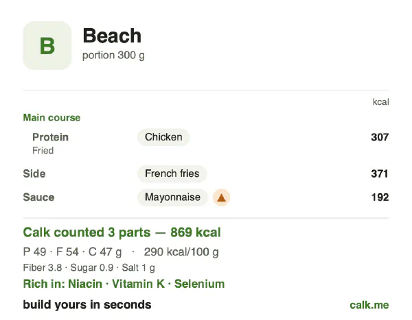 Higher calorie Calk card for Beach food: 290 kcal per 100 g, protein/fat/carbs 23/56/22