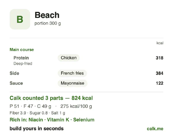 Higher calorie Calk card for Beach food: 275 kcal per 100 g, protein/fat/carbs 25/52/24