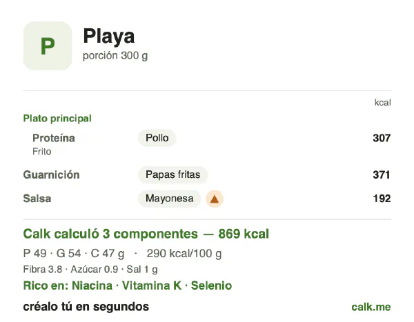 Tarjeta de Calk, versión más calórica de Comida de playa: 290 kcal por 100 g, proteínas/grasas/carbohidratos 23/56/22
