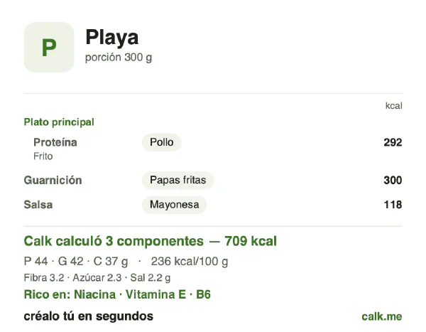 Tarjeta de Calk, versión más calórica de Comida de playa: 236 kcal por 100 g, proteínas/grasas/carbohidratos 25/54/21
