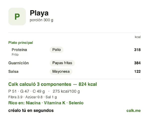 Tarjeta de Calk, versión más calórica de Comida de playa: 275 kcal por 100 g, proteínas/grasas/carbohidratos 25/52/24