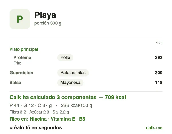 Ficha de Calk, versión más calórica de Comida de playa: 236 kcal por 100 g, proteínas/grasas/hidratos 25/54/21