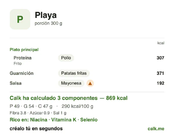 Ficha de Calk, versión más calórica de Comida de playa: 290 kcal por 100 g, proteínas/grasas/hidratos 23/56/22