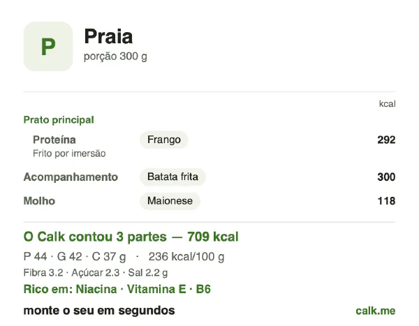 Cartão do Calk para a versão mais calórica de Comida de praia: 236 kcal por 100 g, proteína/gordura/carboidratos 25/54/21