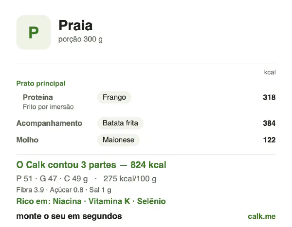 Cartão do Calk para a versão mais calórica de Comida de praia: 275 kcal por 100 g, proteína/gordura/carboidratos 25/52/24
