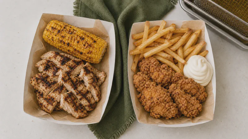 Beach chicken plate: lower- and higher-calorie Calk versions side by side