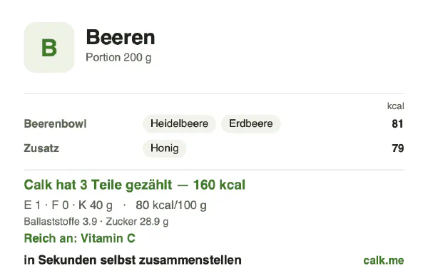 Calk-Karte für die kalorienärmere Variante von Beeren: 80 kcal pro 100 g, Eiweiß/Fett/Kohlenhydrate 3/2/95