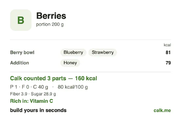 Lower calorie Calk card for Berries: 80 kcal per 100 g, protein/fat/carbs 3/2/95