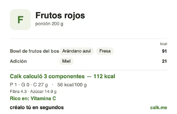 Tarjeta de Calk, versión menos calórica de Frutos rojos: 56 kcal por 100 g, proteínas/grasas/carbohidratos 4/3/92