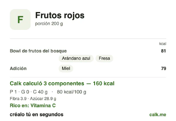 Tarjeta de Calk, versión menos calórica de Frutos rojos: 80 kcal por 100 g, proteínas/grasas/carbohidratos 3/2/95