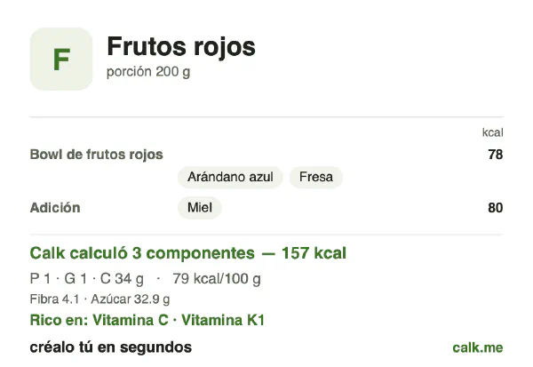 Tarjeta de Calk, versión menos calórica de Frutos rojos: 79 kcal por 100 g, proteínas/grasas/carbohidratos 3/3/94