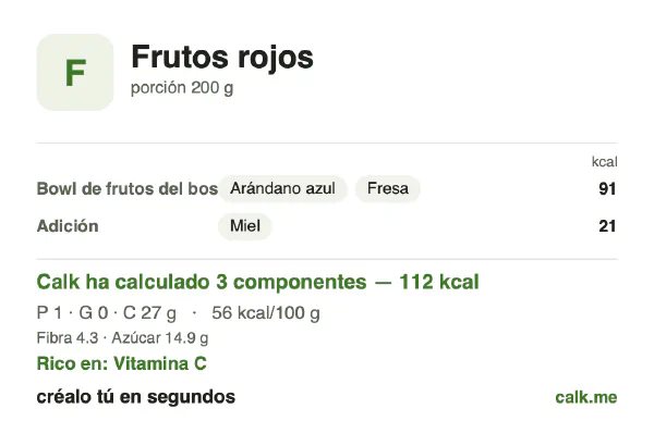 Ficha de Calk, versión menos calórica de Frutos rojos: 56 kcal por 100 g, proteínas/grasas/hidratos 4/3/92