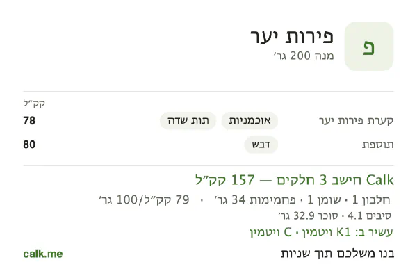 פירות יער ב־Calk, עם פחות קלוריות: 79 קק״ל ל־100 גרם, חלבון/שומן/פחמימות 3/3/94