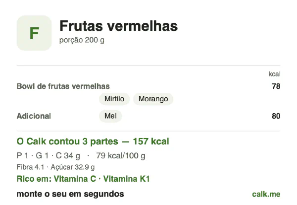 Cartão do Calk para a versão menos calórica de Frutas vermelhas: 79 kcal por 100 g, proteína/gordura/carboidratos 3/3/94