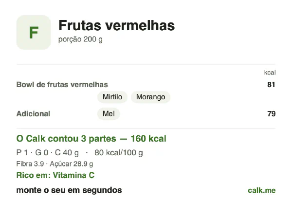Cartão do Calk para a versão menos calórica de Frutas vermelhas: 80 kcal por 100 g, proteína/gordura/carboidratos 3/2/95