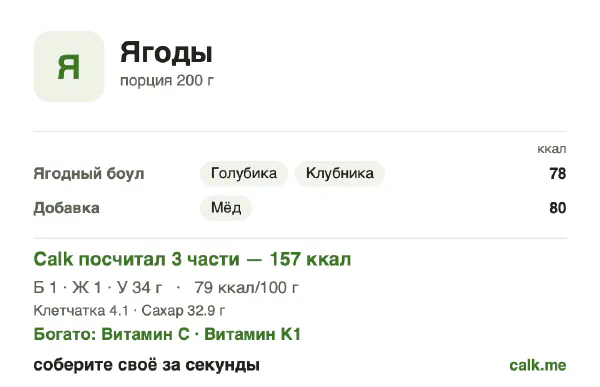 Карточка «Ягоды» в Calk — менее калорийный вариант: 79 ккал на 100 г, белки/жиры/углеводы 3/3/94