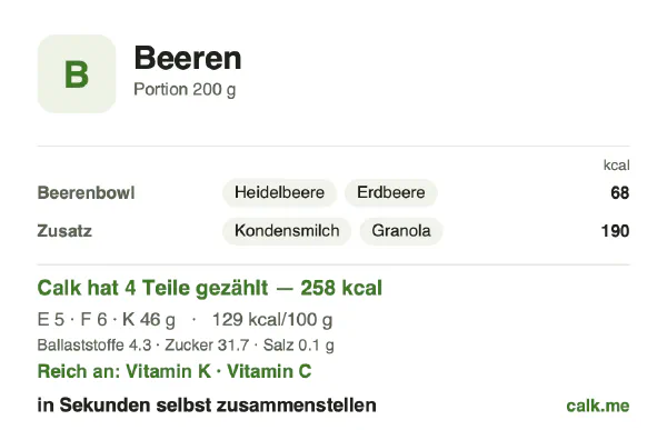 Calk-Karte für die kalorienreichere Variante von Beeren: 129 kcal pro 100 g, Eiweiß/Fett/Kohlenhydrate 8/21/71